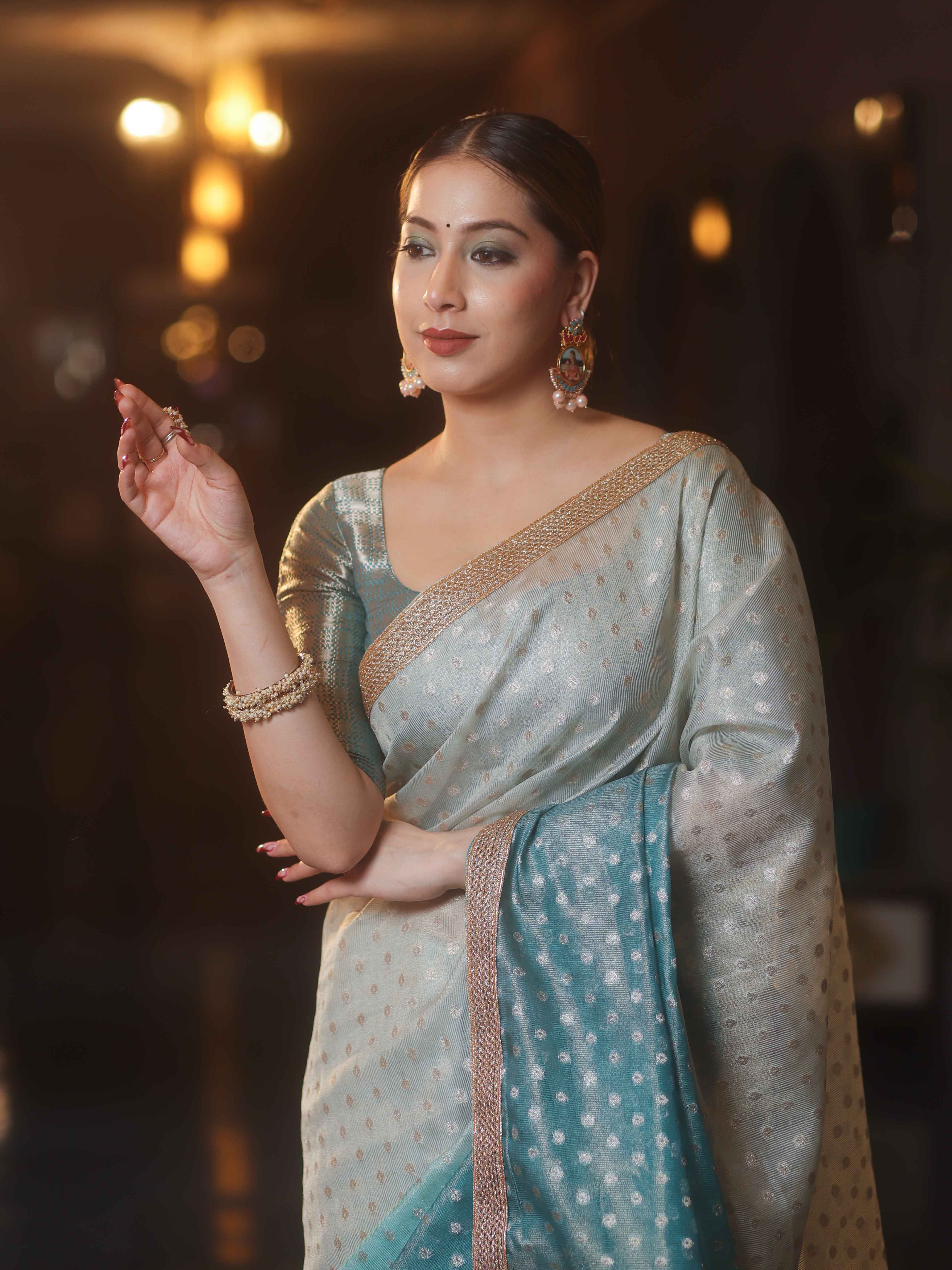 Banarasee Handwoven Tissue Dual Color Saree With Zari Buta & Lace-Dusty Blue