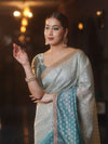 Banarasee Handwoven Tissue Dual Color Saree With Zari Buta & Lace-Dusty Blue