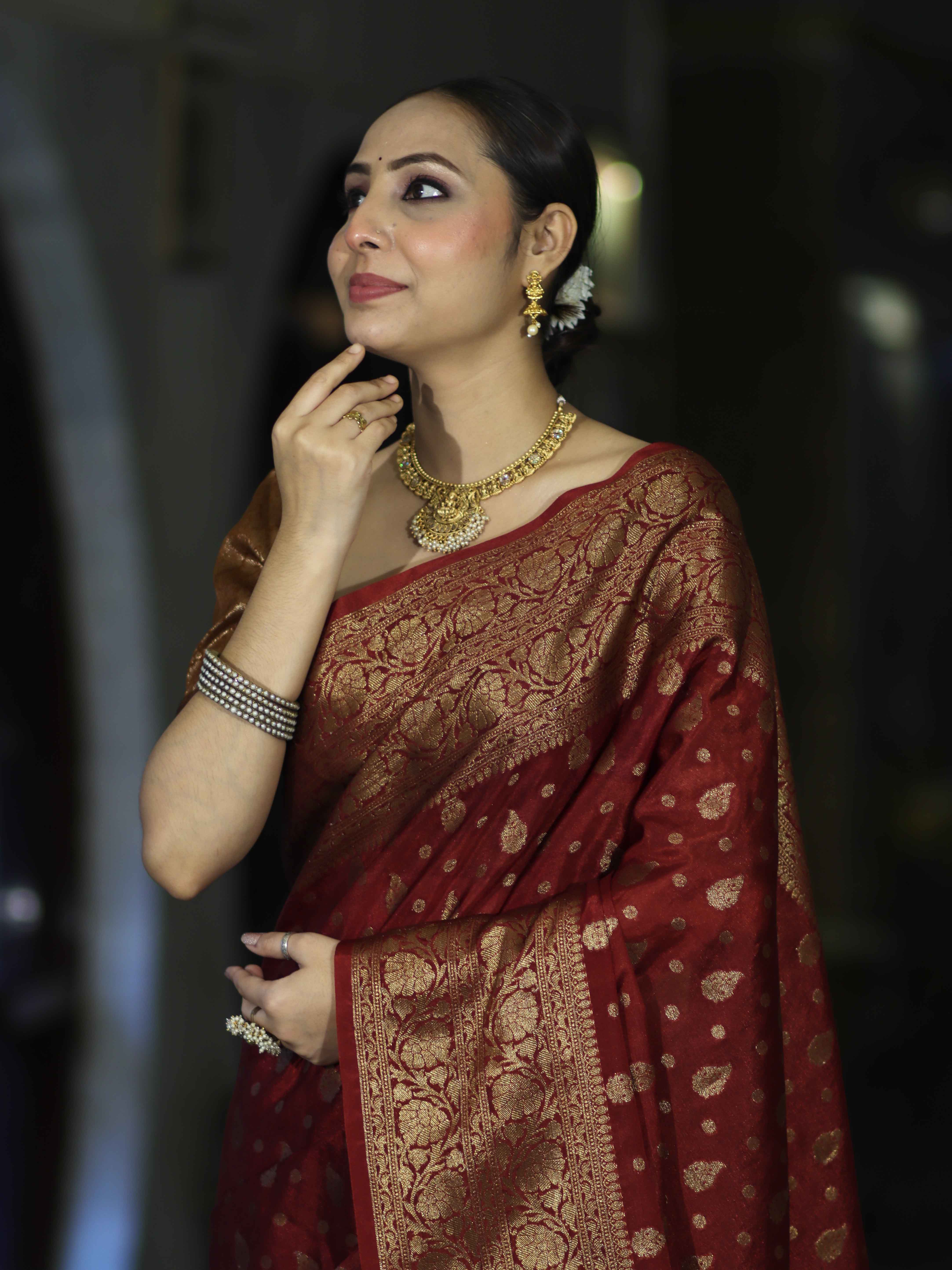 Banarasee Handloom Semi Silk Saree With Antique Zari Buti Design & Broad Border-Burgundy