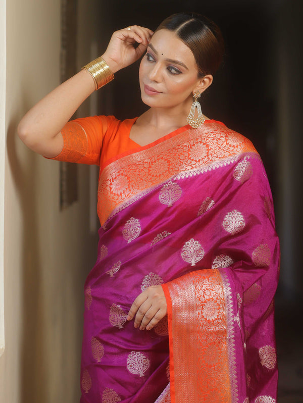 Banarasee Handloom Semi-Dupion Saree With Contrast Border & Gold Zari-Magenta & Orange