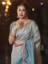 Banarasee Handwoven Tissue Dual Color Saree With Zari Buta & Lace-Dusty Blue