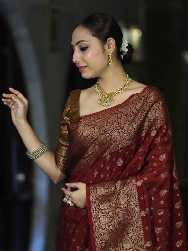 Banarasee Handloom Semi Silk Saree With Antique Zari Buti Design & Broad Border-Burgundy