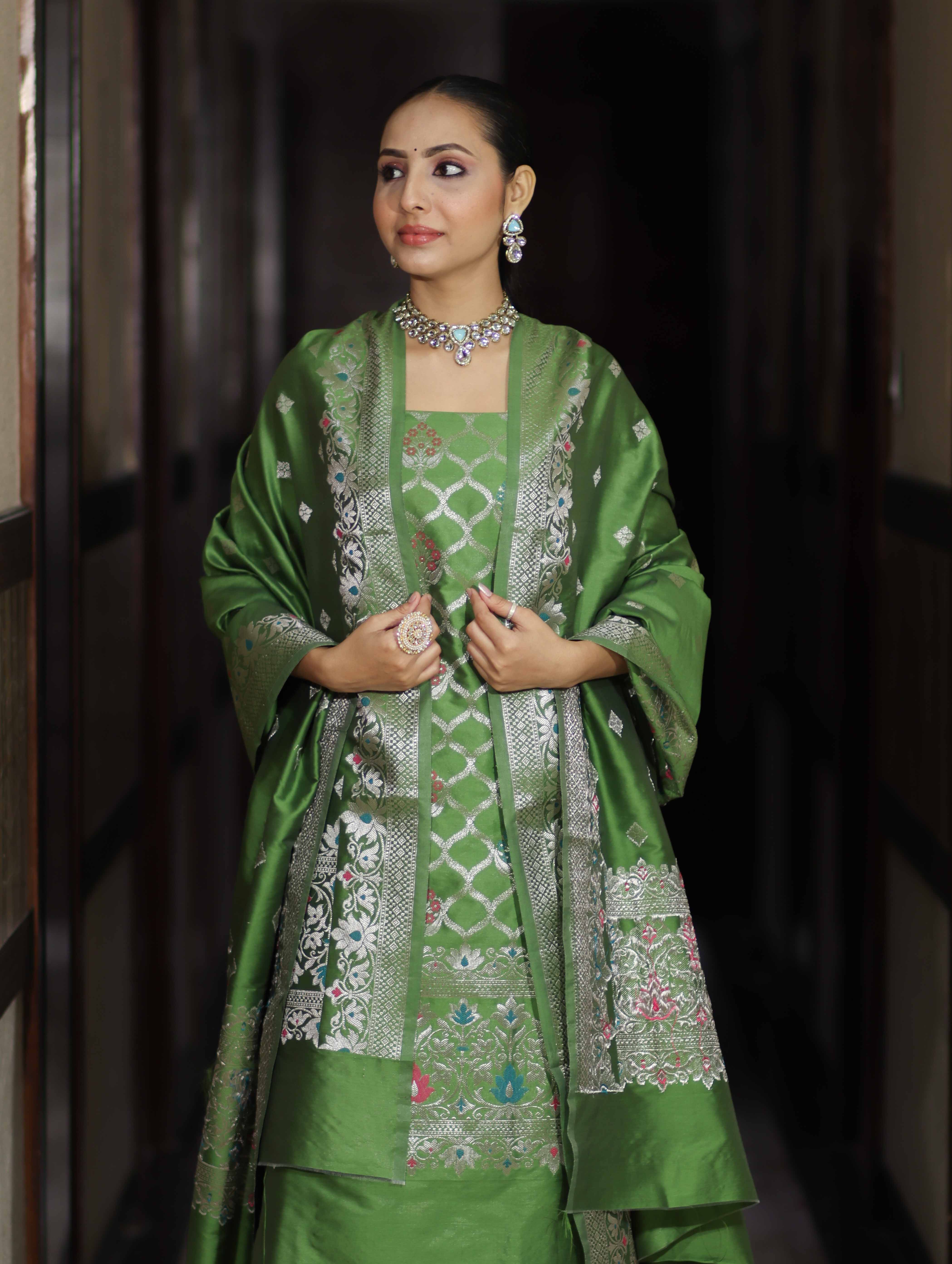 Banarasee Semi-Silk Silver Zari Work Salwar Kameez Fabric With Dupatta Set-Leaf Green
