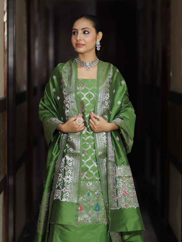 Banarasee Semi-Silk Silver Zari Work Salwar Kameez Fabric With Dupatta Set-Leaf Green