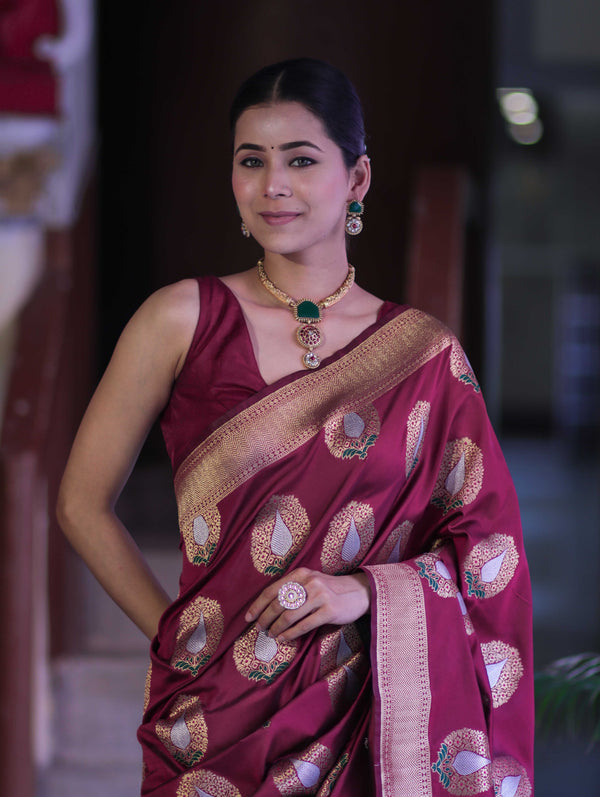 Banarasee Handloom Semi Katan Saree With Zari Buta Work & Border-Burgundy