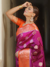 Banarasee Handloom Semi-Dupion Saree With Contrast Border & Gold Zari-Magenta & Orange