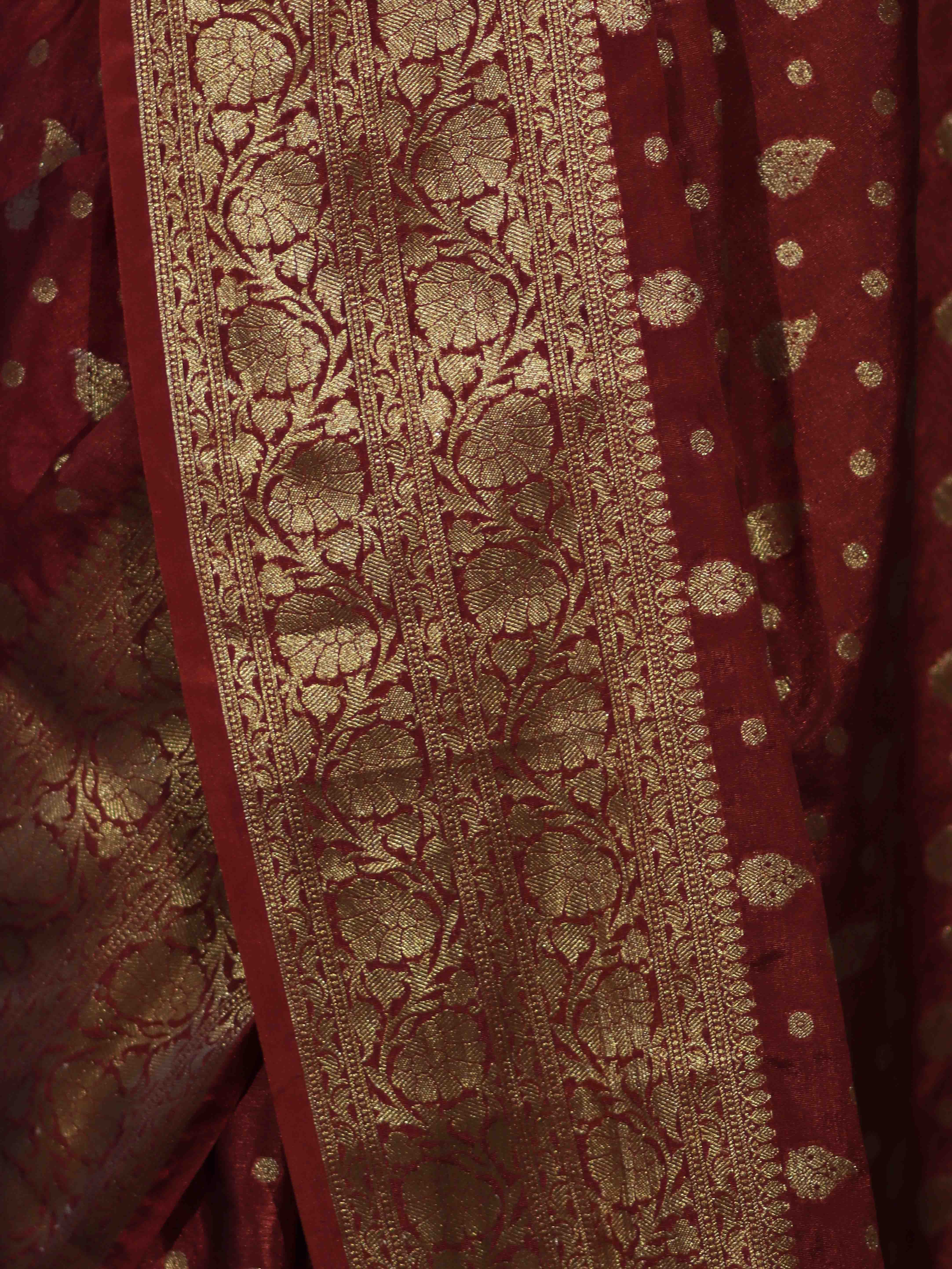 Banarasee Handloom Semi Silk Saree With Antique Zari Buti Design & Broad Border-Burgundy