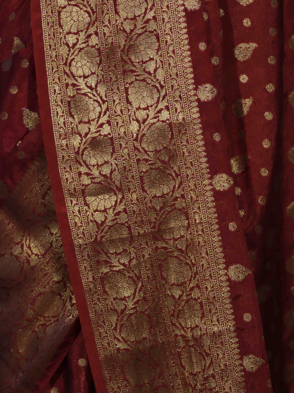 Banarasee Handloom Semi Silk Saree With Antique Zari Buti Design & Broad Border-Burgundy