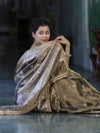 Banarasee Handwoven Tissue Zari Woven Mirror Work Saree-Earthy Brown