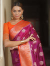 Banarasee Handloom Semi-Dupion Saree With Contrast Border & Gold Zari-Magenta & Orange