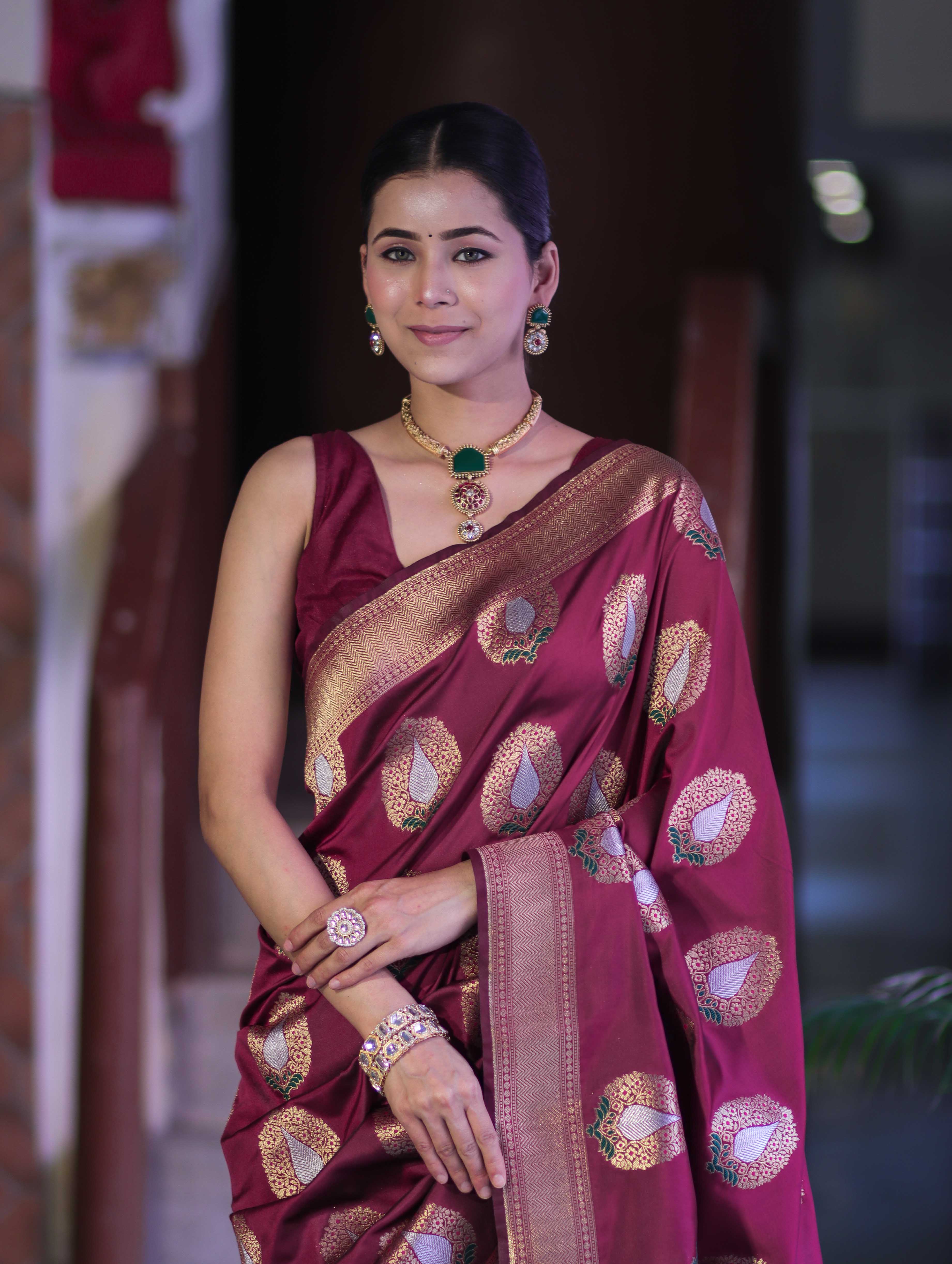 Banarasee Handloom Semi Katan Saree With Zari Buta Work & Border-Burgundy