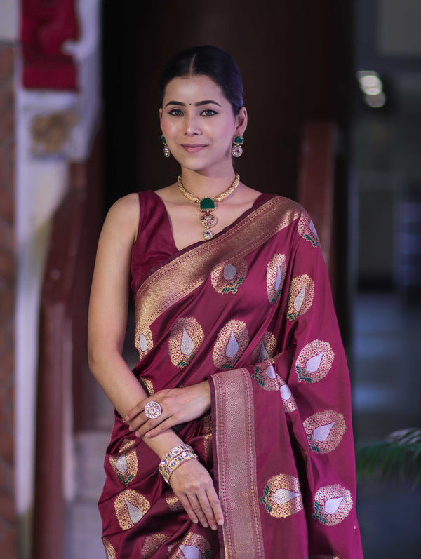 Banarasee Handloom Semi Katan Saree With Zari Buta Work & Border-Burgundy