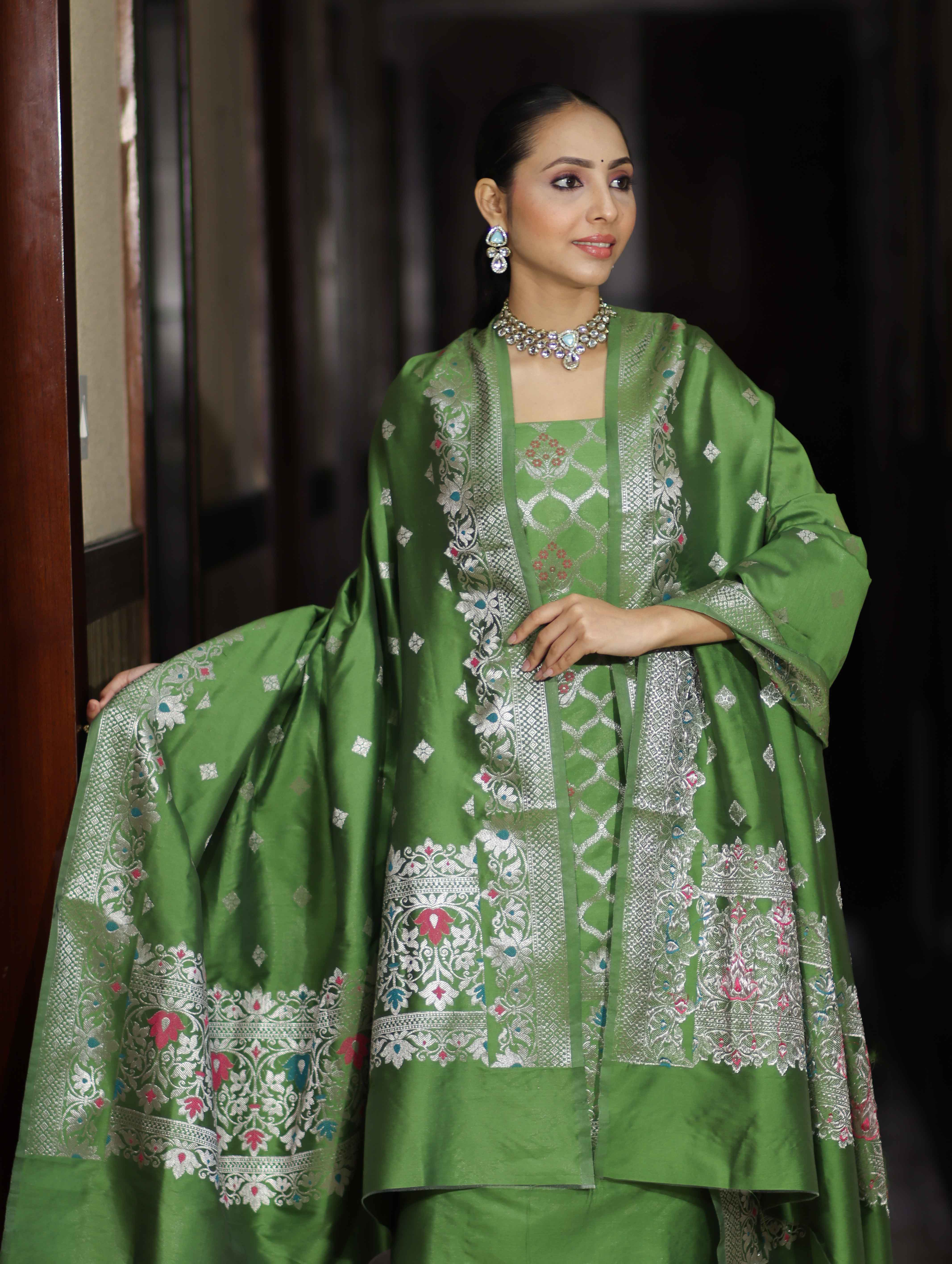 Banarasee Semi-Silk Silver Zari Work Salwar Kameez Fabric With Dupatta Set-Leaf Green