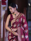 Banarasee Handloom Semi Katan Saree With Zari Buta Work & Border-Burgundy
