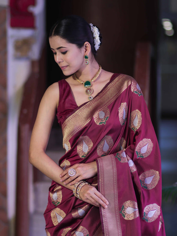 Banarasee Handloom Semi Katan Saree With Zari Buta Work & Border-Burgundy