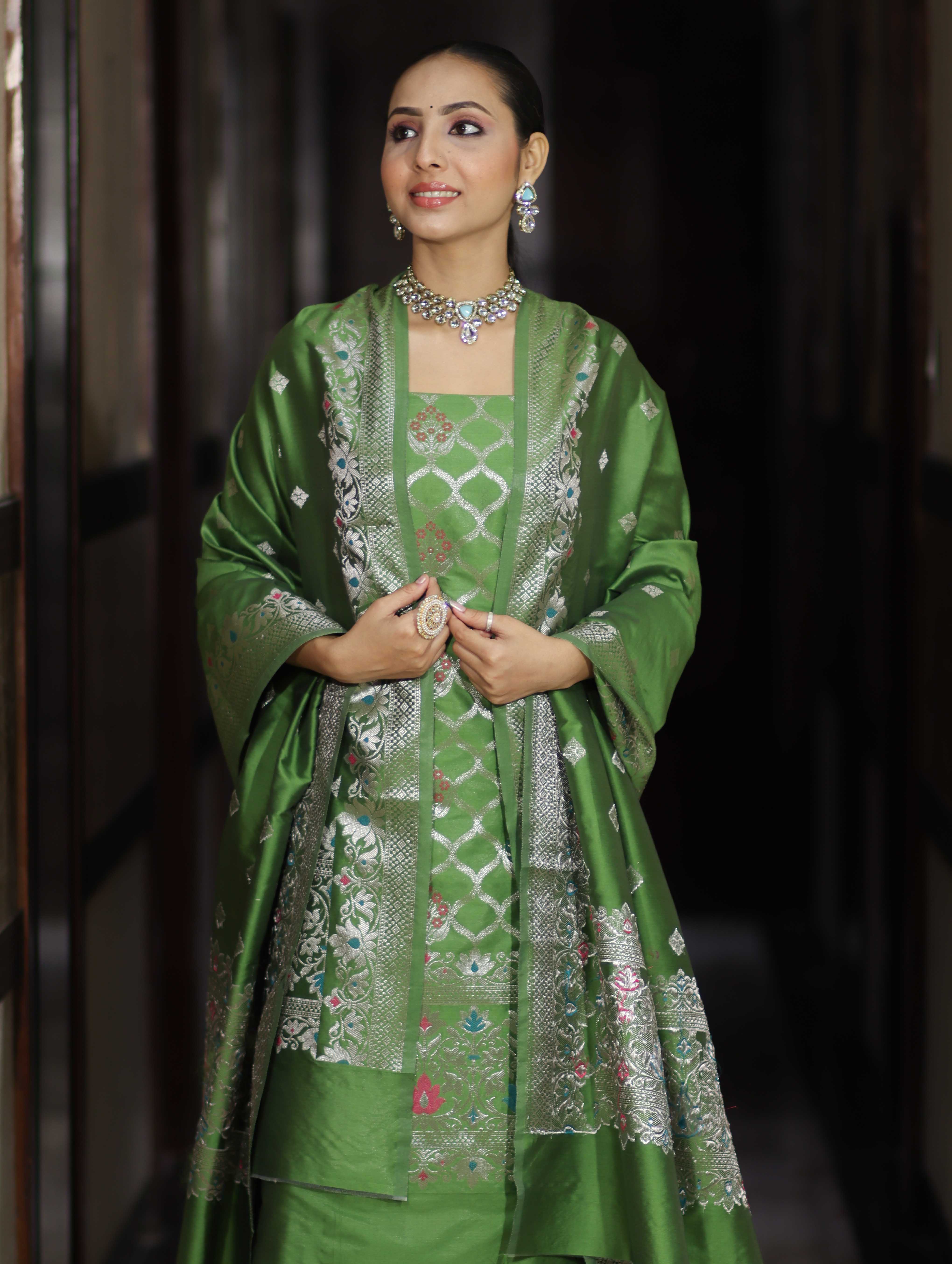 Banarasee Semi-Silk Silver Zari Work Salwar Kameez Fabric With Dupatta Set-Leaf Green