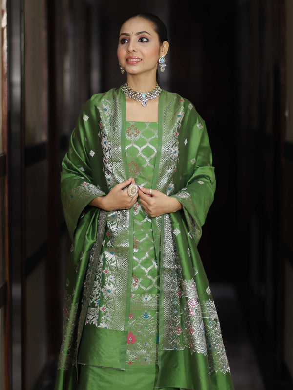 Banarasee Semi-Silk Silver Zari Work Salwar Kameez Fabric With Dupatta Set-Leaf Green