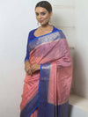 Banarasee Handloom Mirror Work Dupion Saree With Contrast Border-Pink & Blue