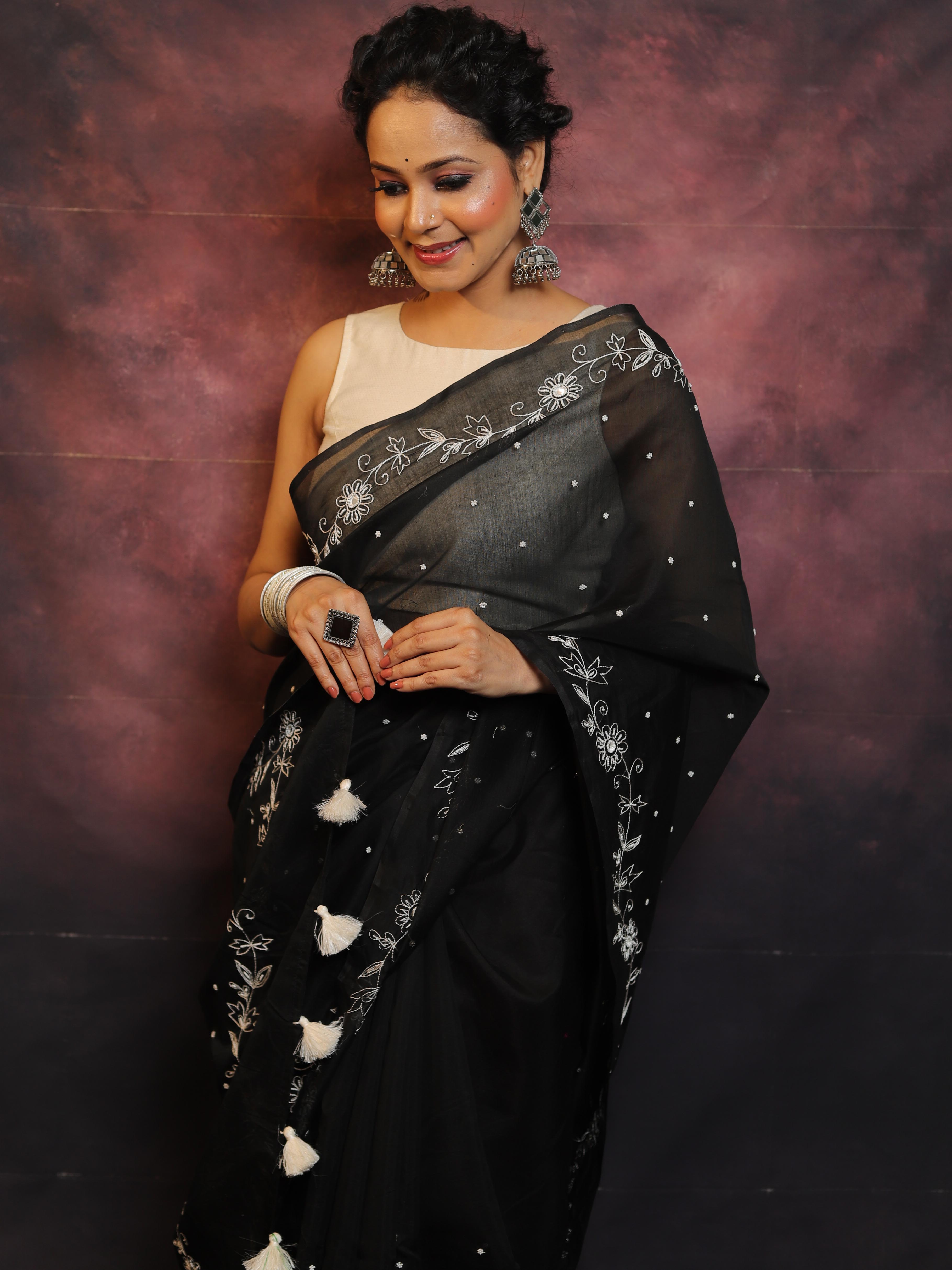 Banarasee Chanderi Cotton Hand-Embroidered Saree-Black