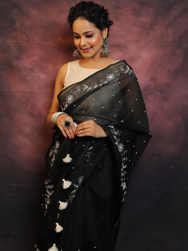 Banarasee Chanderi Cotton Hand-Embroidered Saree-Black