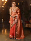 Banarasee Handwoven Plain Tissue Saree With Zari Border & Lace-Peach