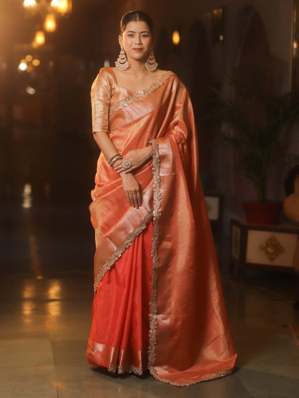 Banarasee Handwoven Plain Tissue Saree With Zari Border & Lace-Peach