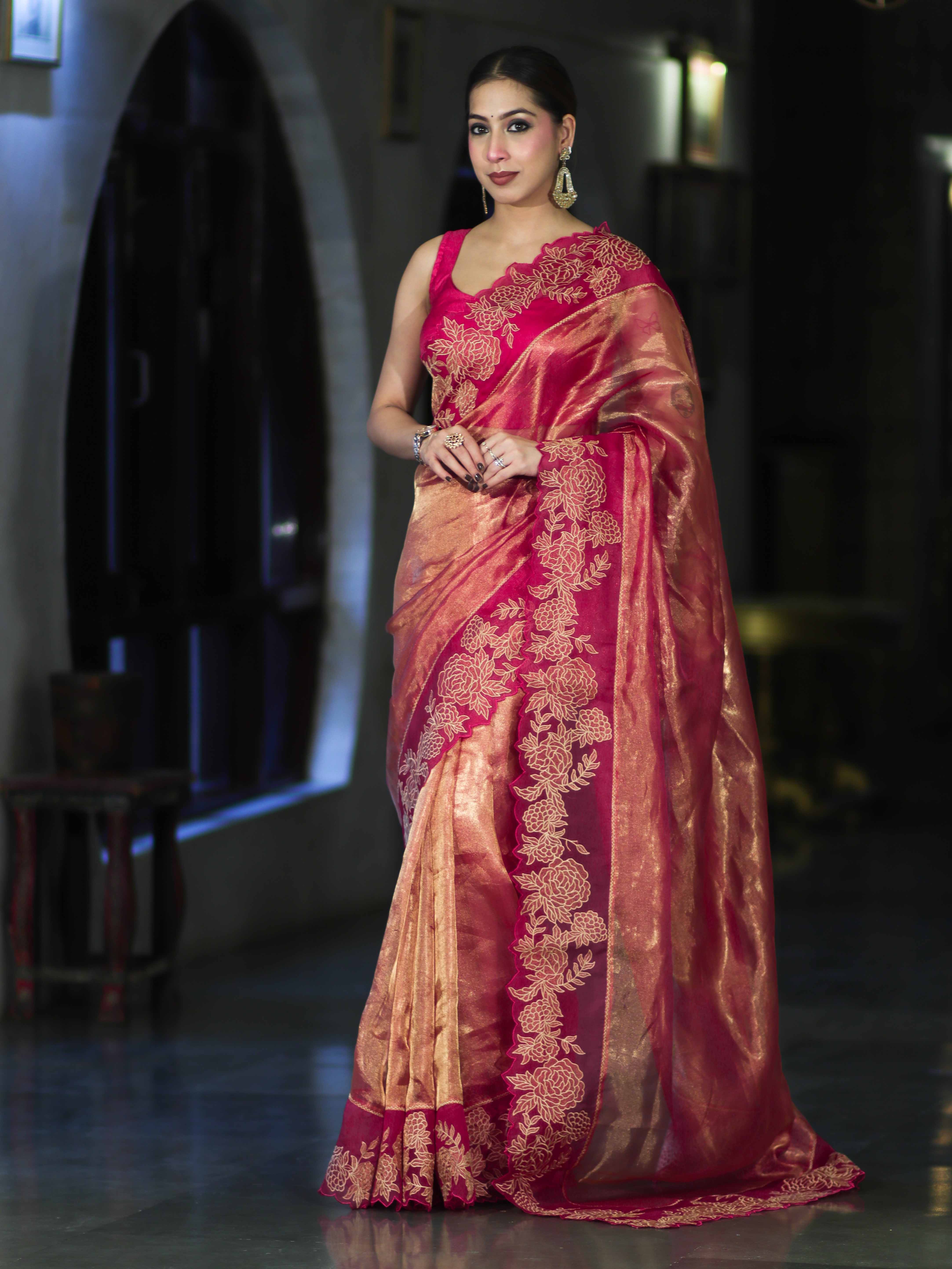 Banarasee Pure Tissue Silk Saree With Applique Cutwork Floral Embroidery Border-Pink (Gold Tone)