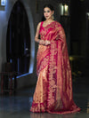 Banarasee Pure Tissue Silk Saree With Applique Cutwork Floral Embroidery Border-Pink (Gold Tone)