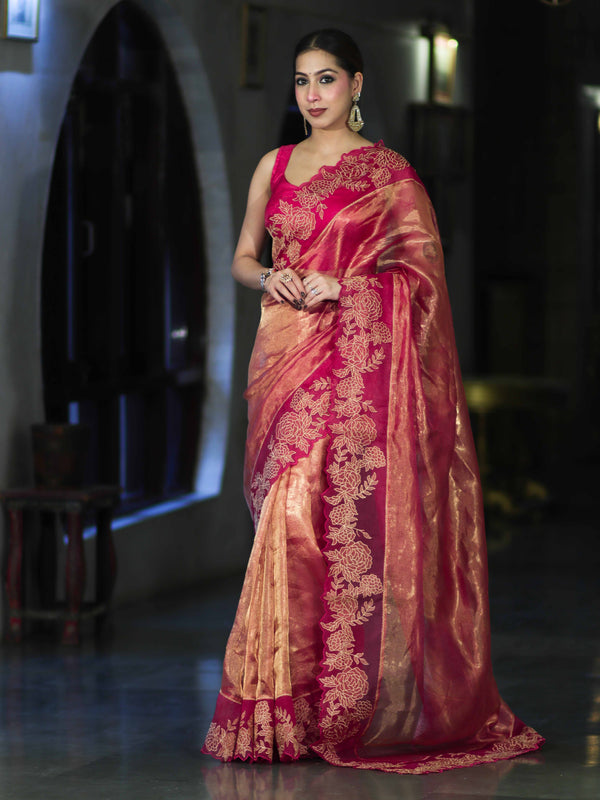 Banarasee Pure Tissue Silk Saree With Applique Cutwork Floral Embroidery Border-Pink (Gold Tone)
