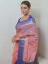 Banarasee Handloom Mirror Work Dupion Saree With Contrast Border-Pink & Blue
