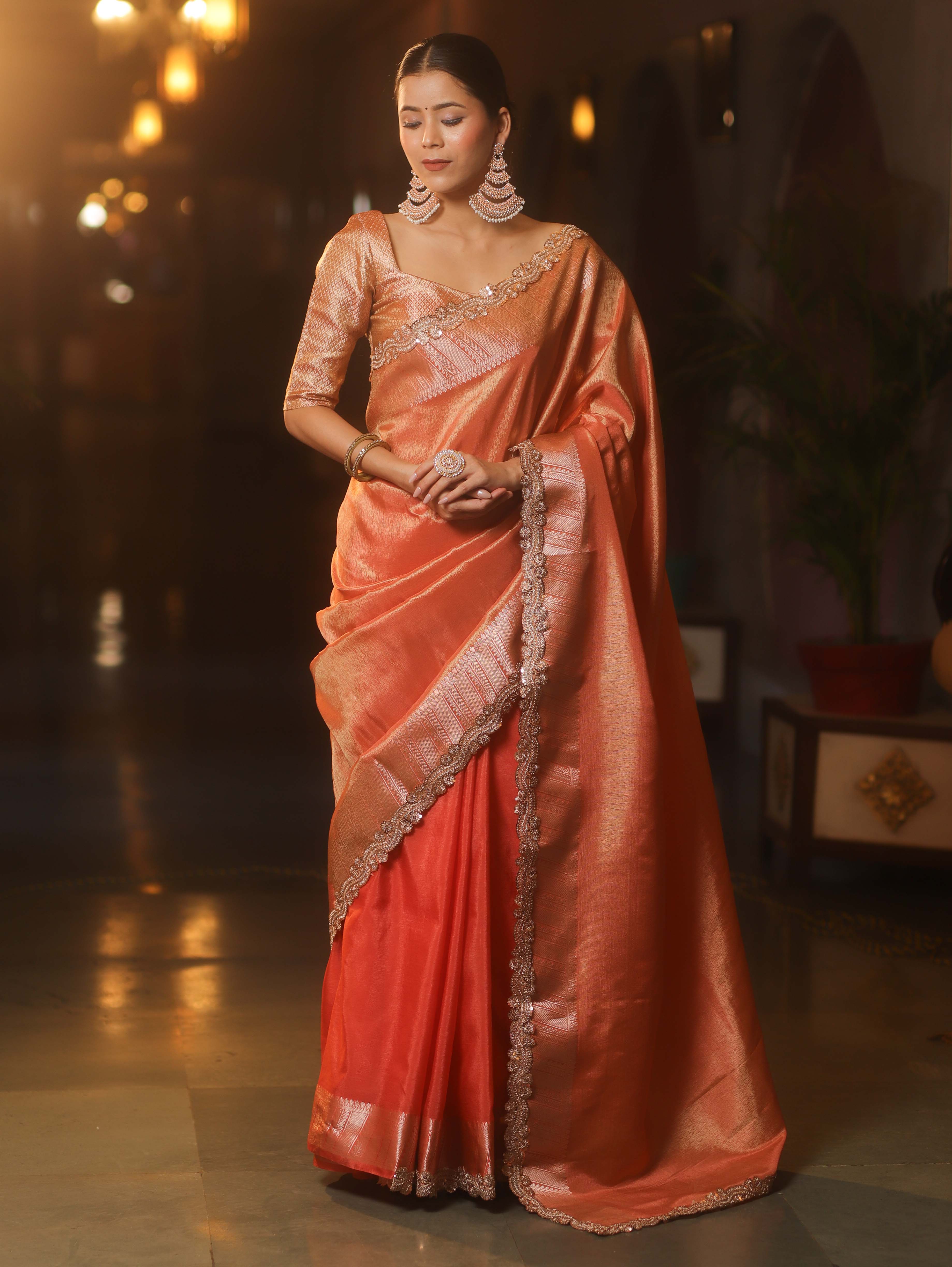 Banarasee Handwoven Plain Tissue Saree With Zari Border & Lace-Peach