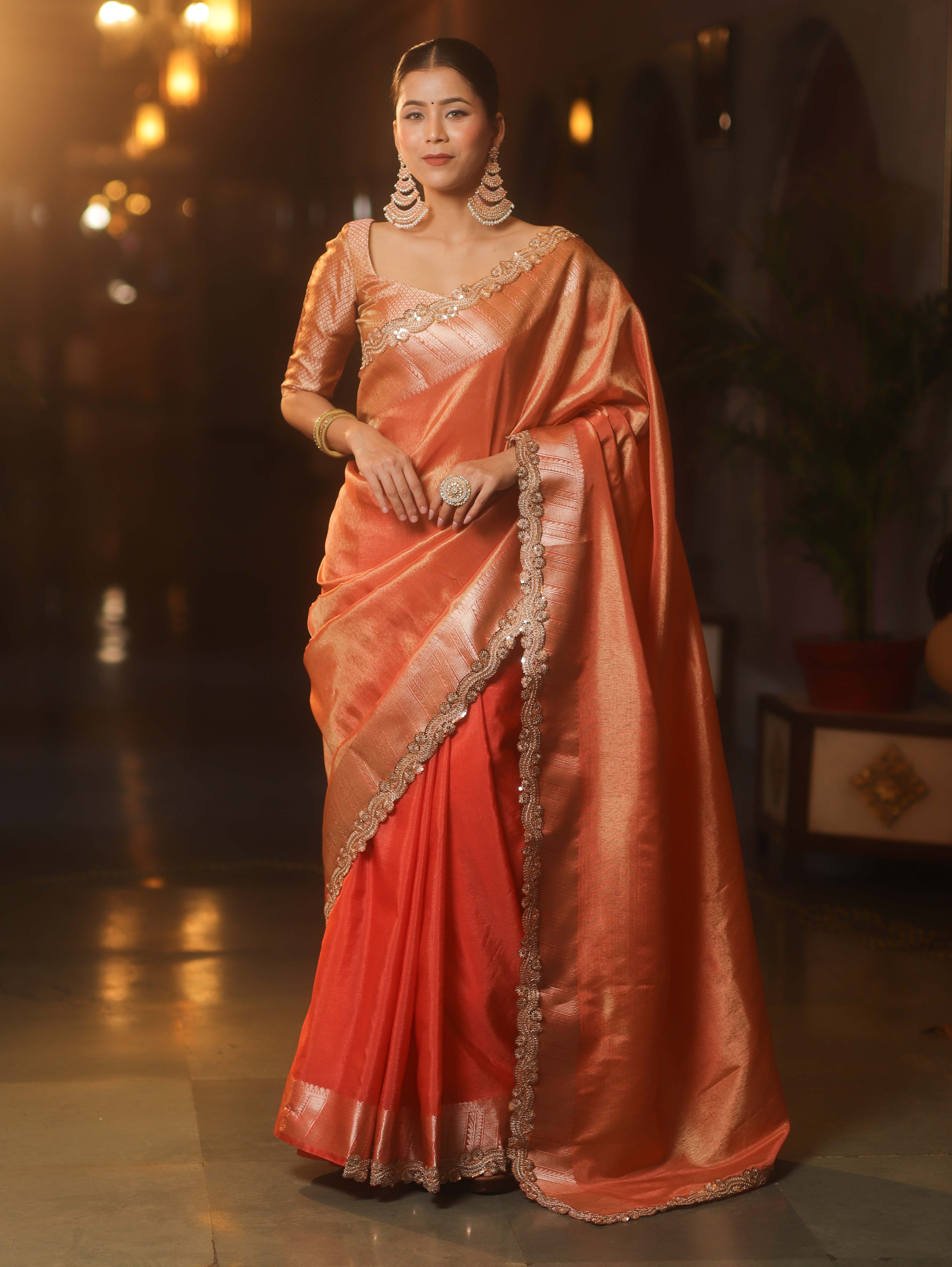 Banarasee Handwoven Plain Tissue Saree With Zari Border & Lace-Peach