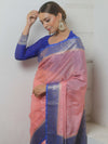 Banarasee Handloom Mirror Work Dupion Saree With Contrast Border-Pink & Blue
