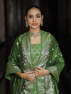 Banarasee Semi-Silk Silver Zari Work Salwar Kameez Fabric With Dupatta Set-Leaf Green