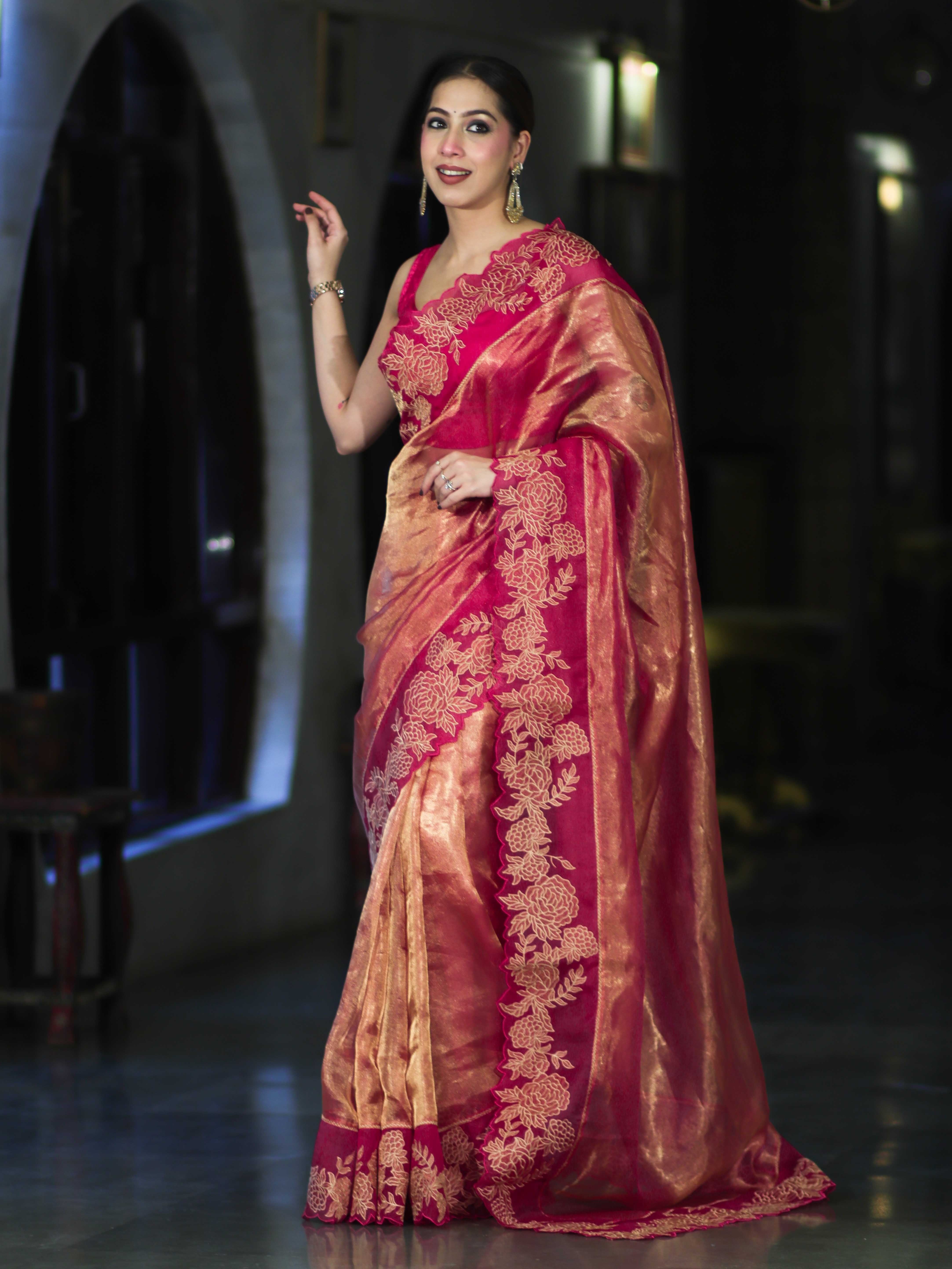 Banarasee Pure Tissue Silk Saree With Applique Cutwork Floral Embroidery Border-Pink (Gold Tone)