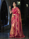 Banarasee Pure Tissue Silk Saree With Applique Cutwork Floral Embroidery Border-Pink (Gold Tone)