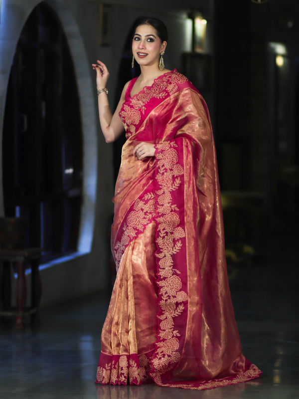 Banarasee Pure Tissue Silk Saree With Applique Cutwork Floral Embroidery Border-Pink (Gold Tone)