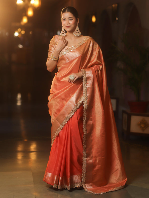 Banarasee Handwoven Plain Tissue Saree With Zari Border & Lace-Peach