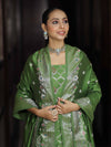 Banarasee Semi-Silk Silver Zari Work Salwar Kameez Fabric With Dupatta Set-Leaf Green