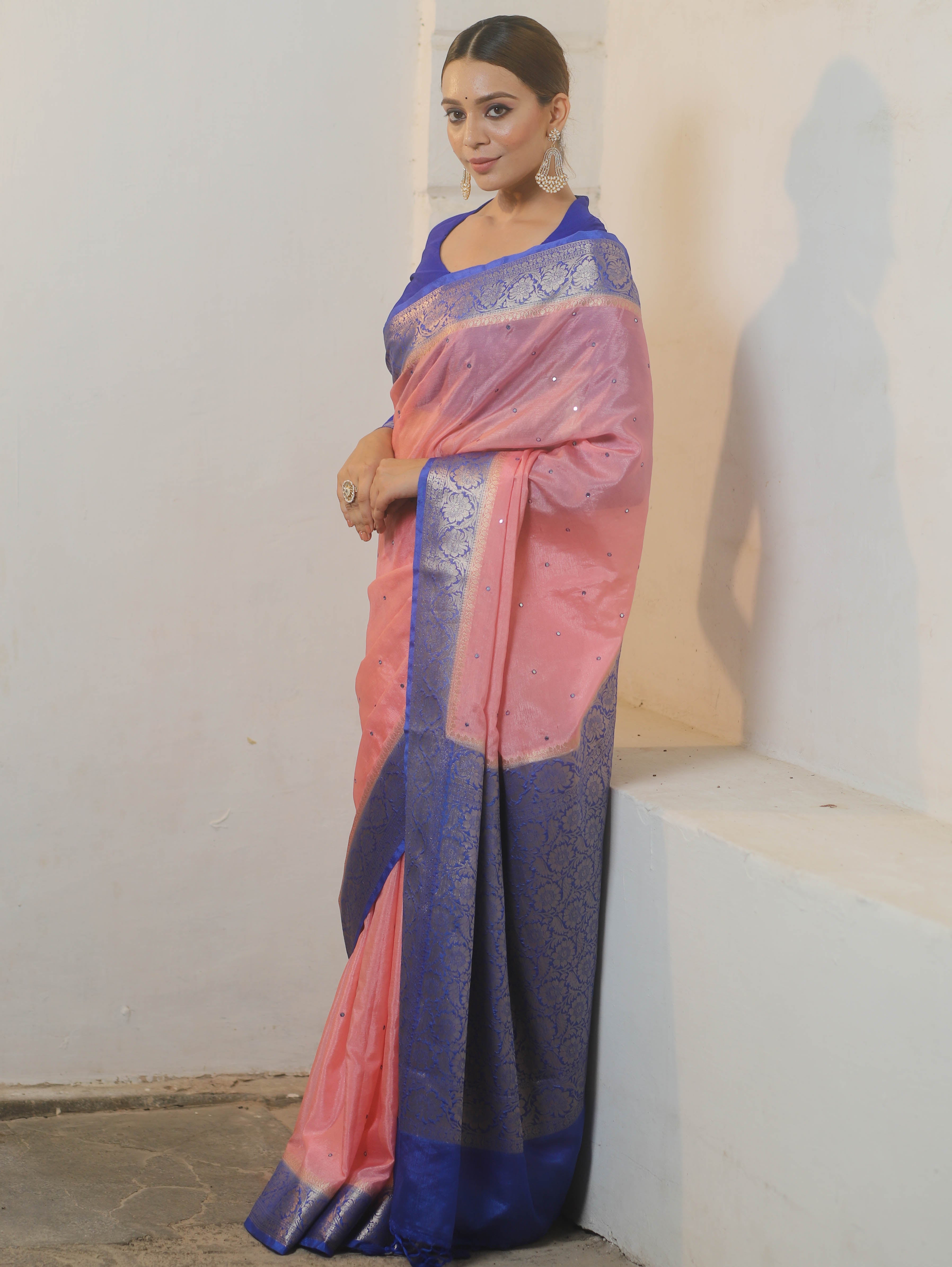 Banarasee Handloom Mirror Work Dupion Saree With Contrast Border-Pink & Blue