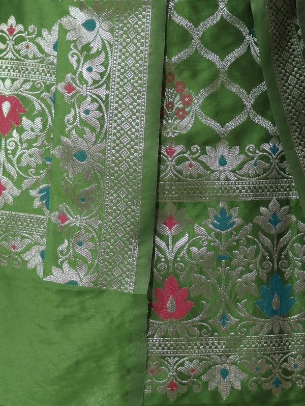 Banarasee Semi-Silk Silver Zari Work Salwar Kameez Fabric With Dupatta Set-Leaf Green