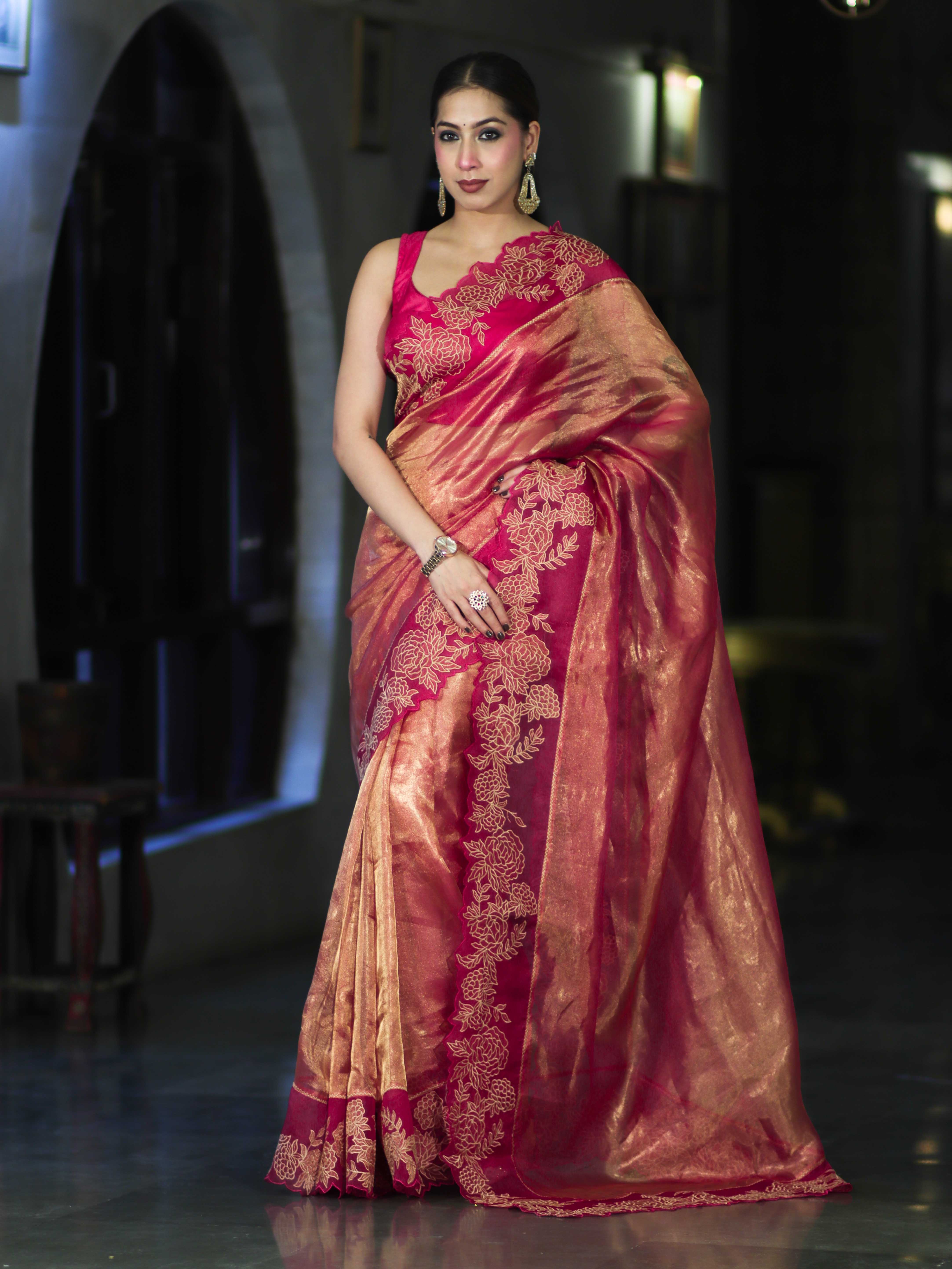 Banarasee Pure Tissue Silk Saree With Applique Cutwork Floral Embroidery Border-Pink (Gold Tone)