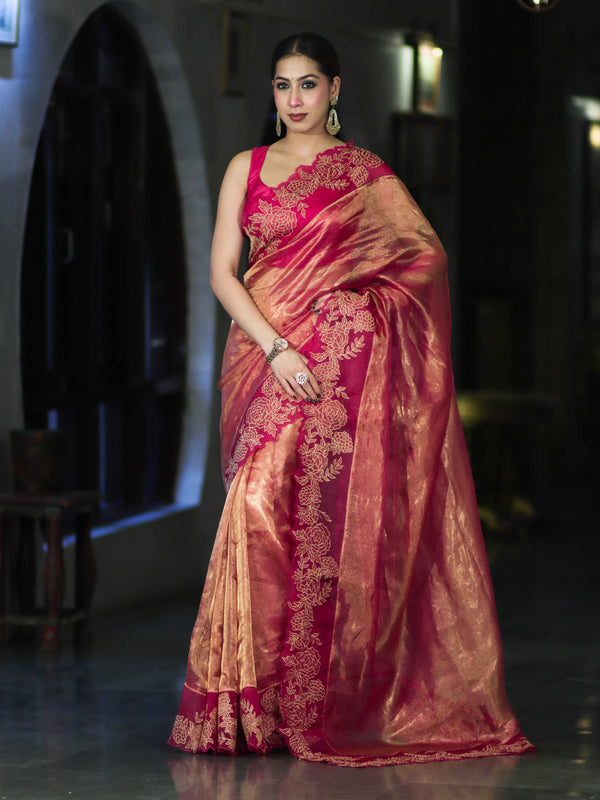 Banarasee Pure Tissue Silk Saree With Applique Cutwork Floral Embroidery Border-Pink (Gold Tone)