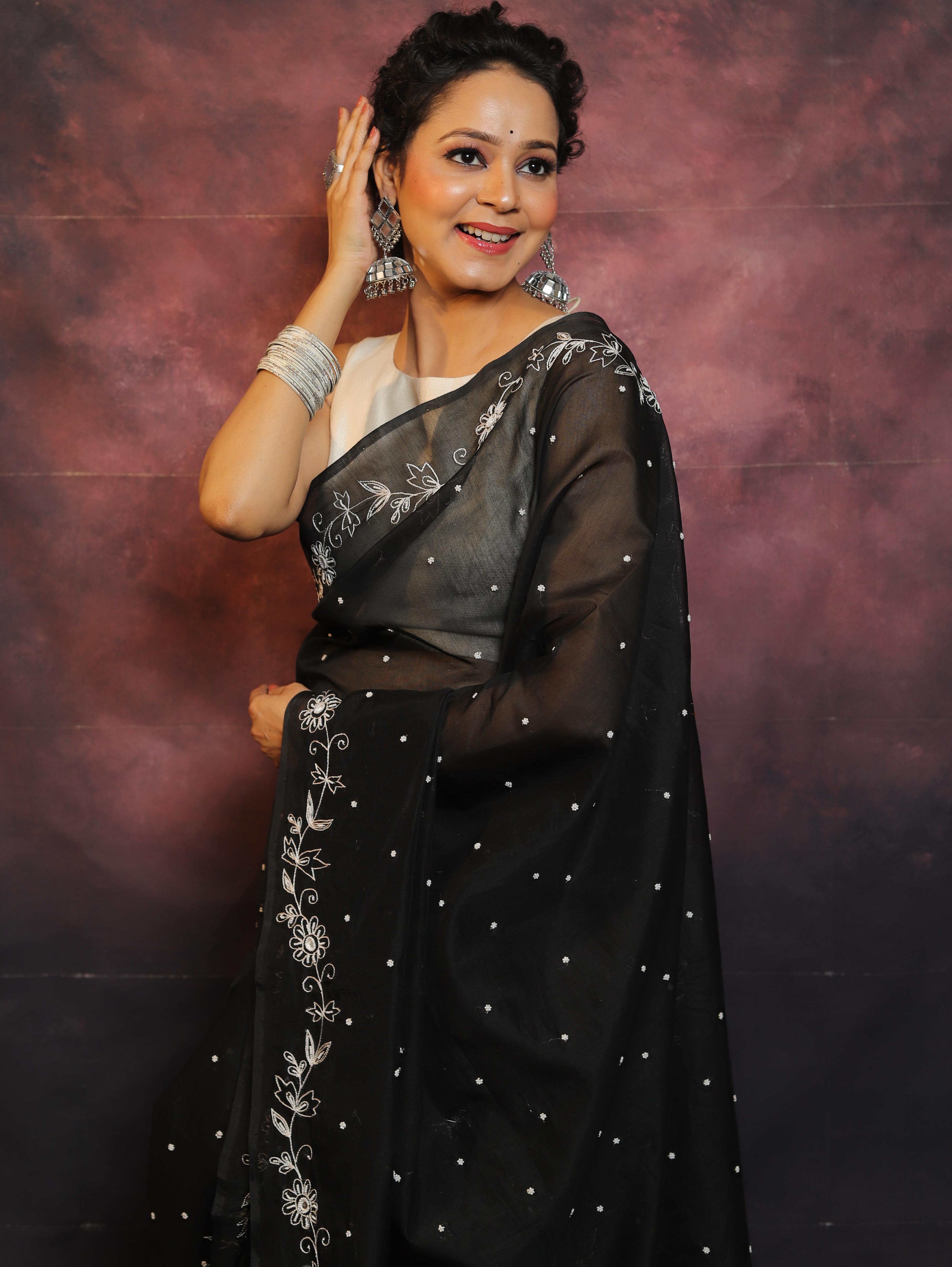 Banarasee Chanderi Cotton Hand-Embroidered Saree-Black