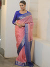Banarasee Handloom Mirror Work Dupion Saree With Contrast Border-Pink & Blue
