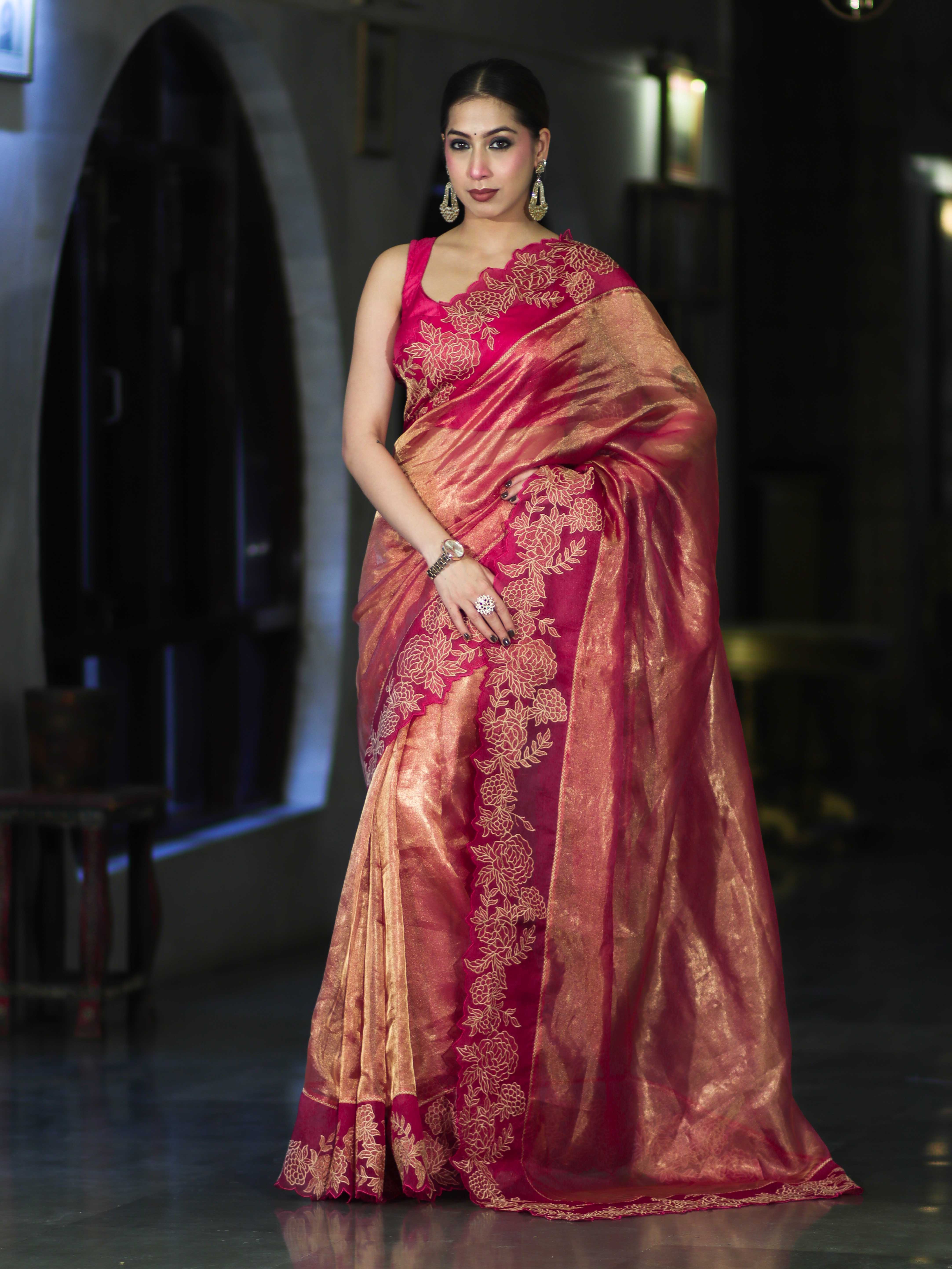 Banarasee Pure Tissue Silk Saree With Applique Cutwork Floral Embroidery Border-Pink (Gold Tone)