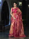 Banarasee Pure Tissue Silk Saree With Applique Cutwork Floral Embroidery Border-Pink (Gold Tone)