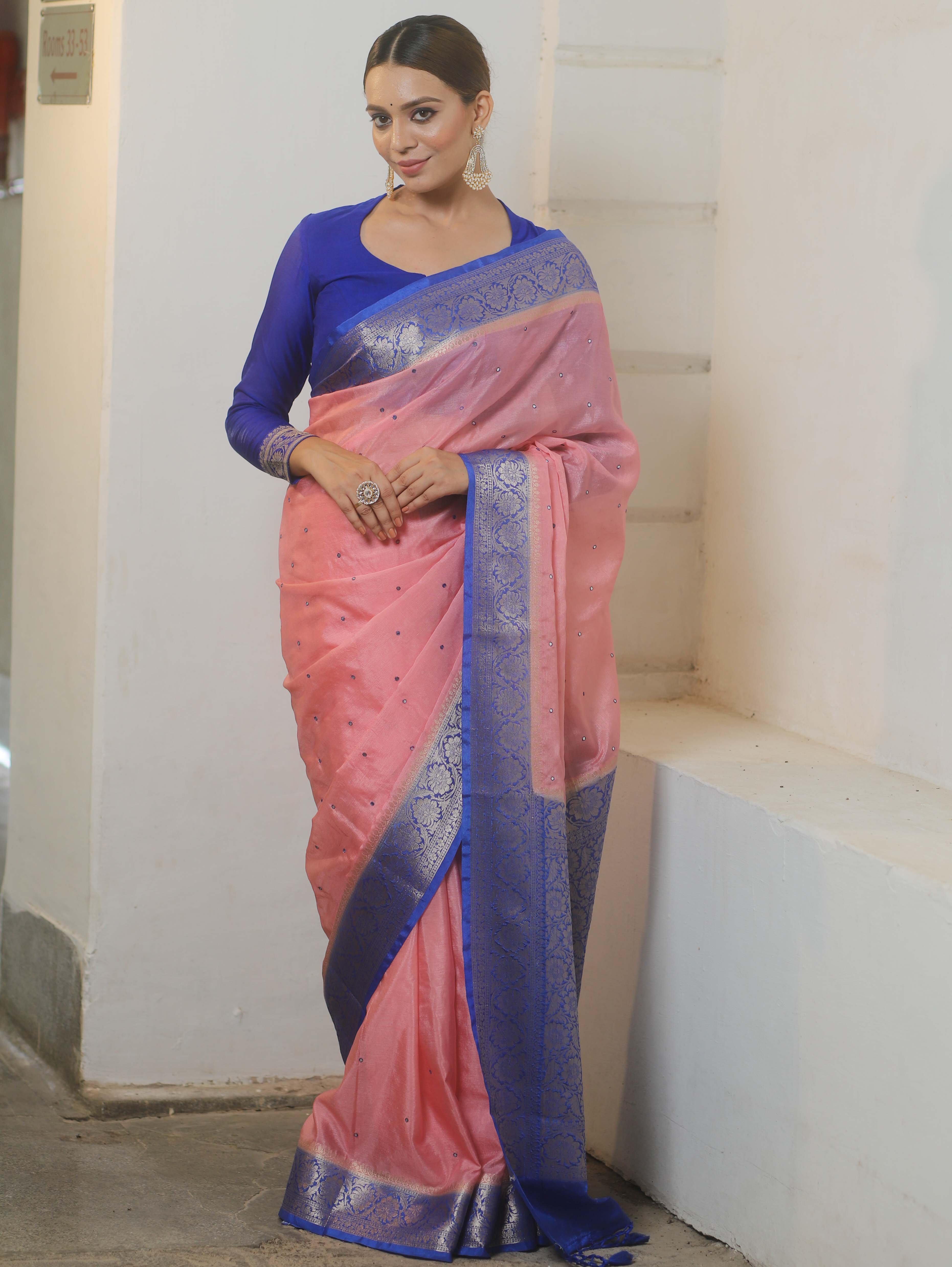 Banarasee Handloom Mirror Work Dupion Saree With Contrast Border-Pink & Blue