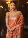 Banarasee Handwoven Plain Tissue Saree With Zari Border & Lace-Peach
