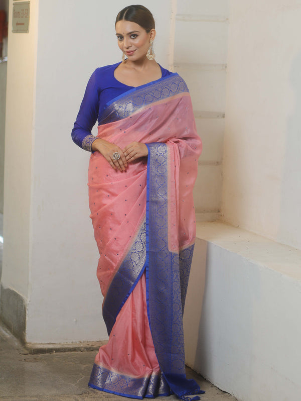 Banarasee Handloom Mirror Work Dupion Saree With Contrast Border-Pink & Blue